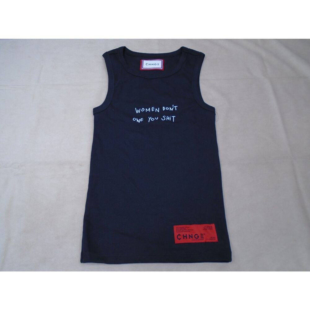 CHNGE Waffle Ribbed Knit Tank Top Womens Rights Embroidered Black Size Small